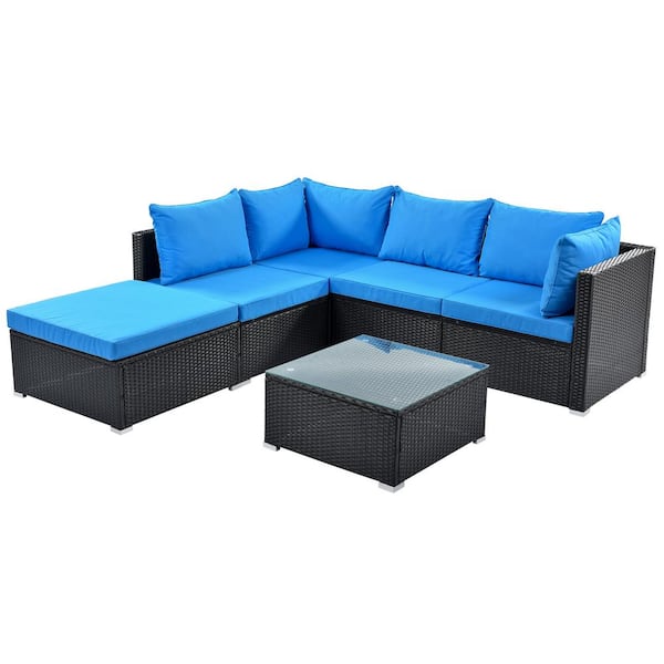SunFurnn Black 6-Piece Wicker Outdoor Conversation Sectional Sofa Set with Blue Cushions