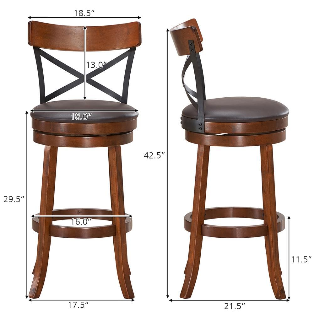 Set of 2 Walnut and Black Swivel Bar Stools with Rubberwood Legs