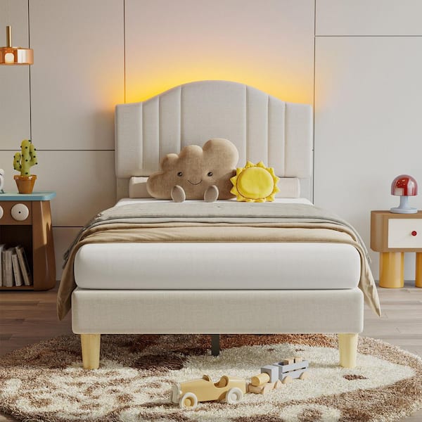 Beige Wood Frame Twin Upholstered Platform Bed Scalloped Bed Frame with LED Adjustable Arc Headboard