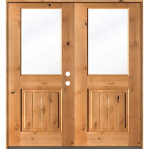 64 in. x 80 in. Rustic Knotty Alder Clear Half-Lite Clear Stain Wood/V-Groove Left Active Double Prehung Front Door