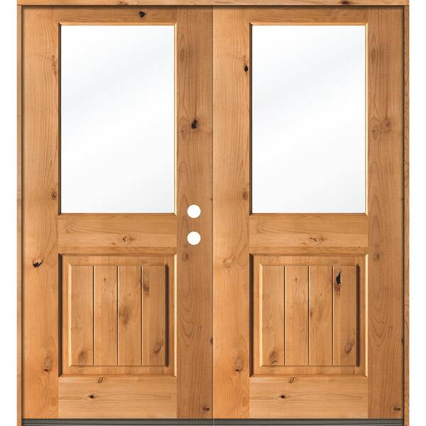 Krosswood Doors 72 in. x 80 in. Rustic Knotty Alder Clear Half-Lite Clear Stain Wood/V-Groove Left Active Double Prehung Front Door
