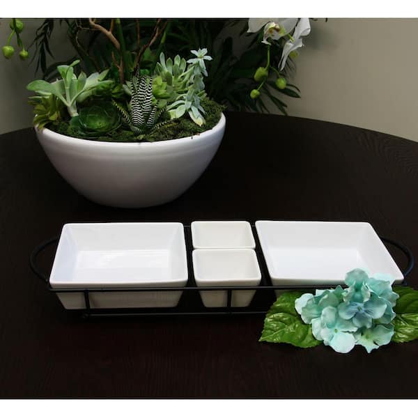 Gracious Dining 5-Pieces White Porcelain Serving Set with Metal Rack