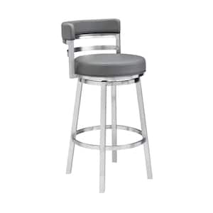 Rayner Contemporary 26 in. Counter Height in Brushed Stainless Steel Finish and Grey Faux Leather Bar Stool