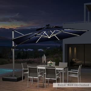 12 ft. Octagon Aluminum Solar powered LED Patio Outdoor Large Cantilever Umbrella Heavy Duty Sun Umbrella in Navy Blue