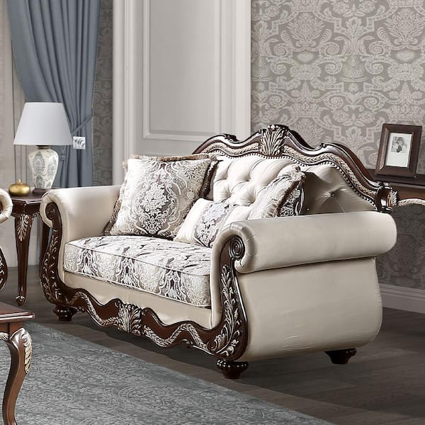 Acme Furniture Pierce 35 in. Beige Fabric and Cherry Finish 2-Seat Loveseat with 3-Pillows