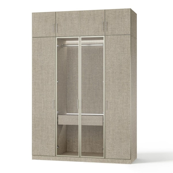 63 in. W Gray Wood Freestanding Closet System with LED Lighting, Hanging Rod, Top Cabinets 6-Shelf Wood Closet System