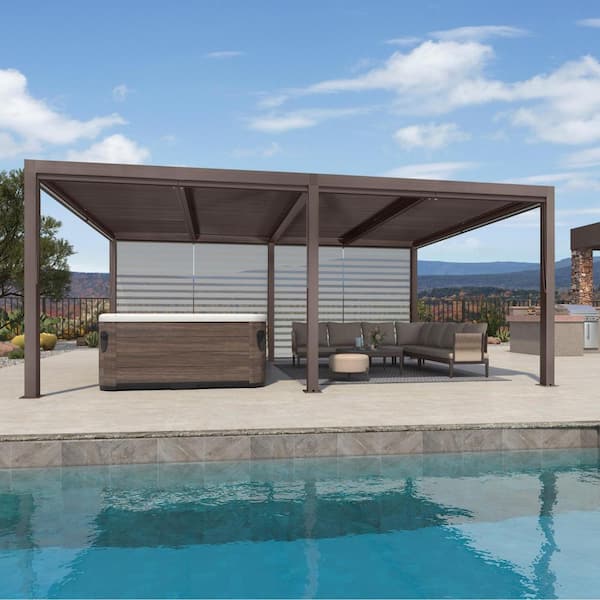 12 ft. x 20 ft. Bronze Aluminum Frame Louvered Pergola with Adjustable Sunshade Roofs and 1-Long Side Roller Shades