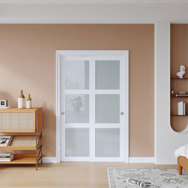 48 in. x 80 in. 3 Lites Frosted Glass Preassembled White MDF Sliding Door with Bypass Hardware Kit