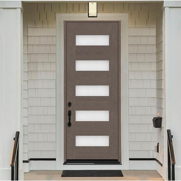 Regency 36 in. x 80 in. 5L Modern Clear Glass RHIS Ashwood Stained Fiberglass Prehung Front Door