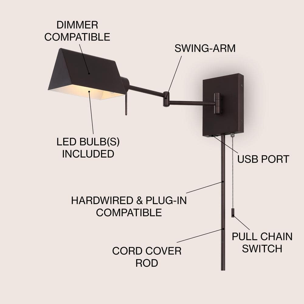 Arlo Oil Rubbed Bronze Swing Arm Wall Sconce with USB Charging Port