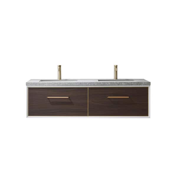 Capa 60 in. W x 22 in. D x 17.3 in. H Double Sink Bath Vanity in Dark Walnut with Grey Sintered Stone Top