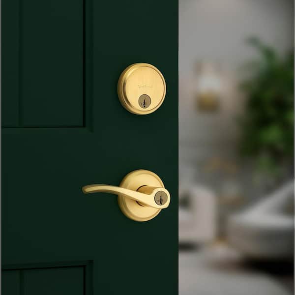 Sedona Satin Brass Keyed Entry Door Handle and Single Cylinder Deadbolt Combo Pack Featuring Smart Key Security