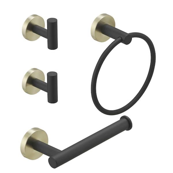 HOMEMYSTIQUE Bathroom Hardware 4-Piece Bath Hardware Set with Towel Ring, Robe Hook, Toilet Paper Holder in Black and Gold
