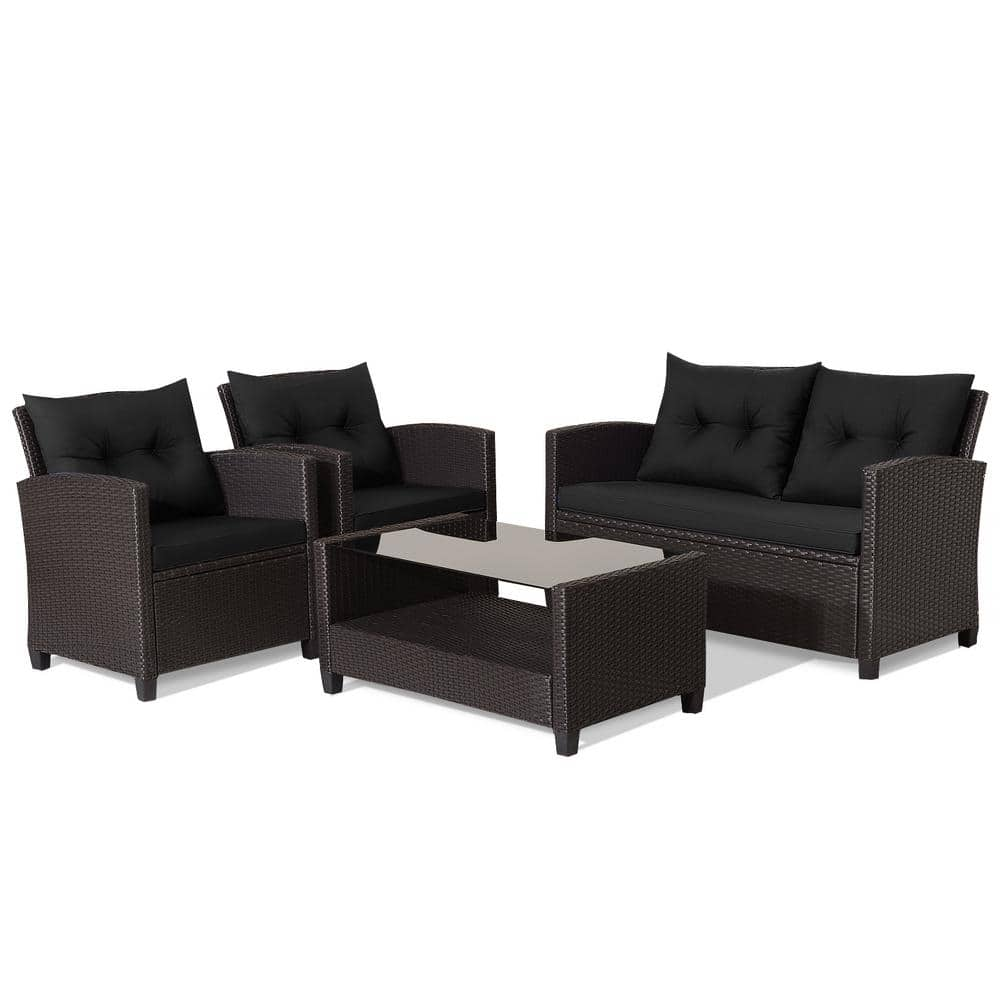 SUNRINX 4-Piece Patio Rattan Furniture Set with Black Cushions MG31-1 ...