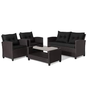 4-Piece Patio Rattan Furniture Set with Black Cushions