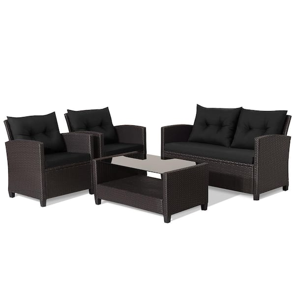 SUNRINX 4-Piece Patio Rattan Furniture Set with Black Cushions