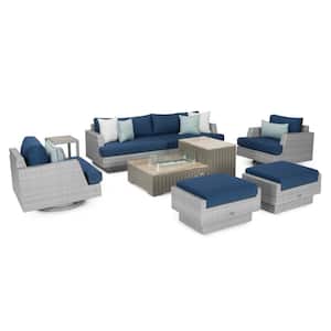 Portofino Comfort Gray 8-Piece Aluminium Patio Fire Pit Seating Set with Sunbrella Laguna Blue Cushions