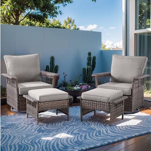 Seagull Collection 4-Piece Wicker Patio Conversation Seating Set and Ottoman with Gray Cushions