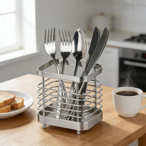 Silver Stainless Steel Utensil Holder with Drainage Holes for Kitchen Countertop, Cutlery Storage Organizer