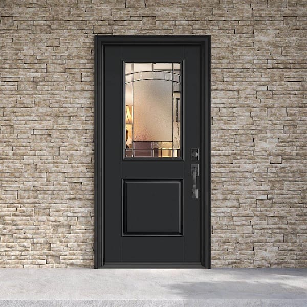 Performance Door System 36 in. x 80 in. 1/2 Lite Element Left-Hand Inswing Black Smooth Fiberglass Prehung Front Door