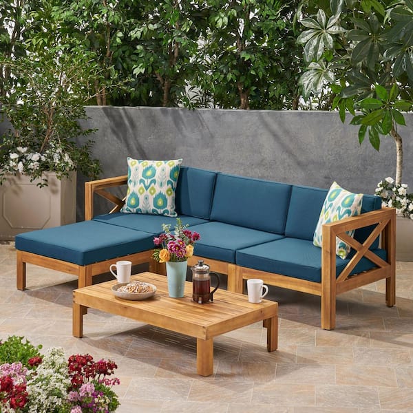 2-Piece Acacia Wood Outdoor Conversation Patio Furniture Set with Blue Cushions