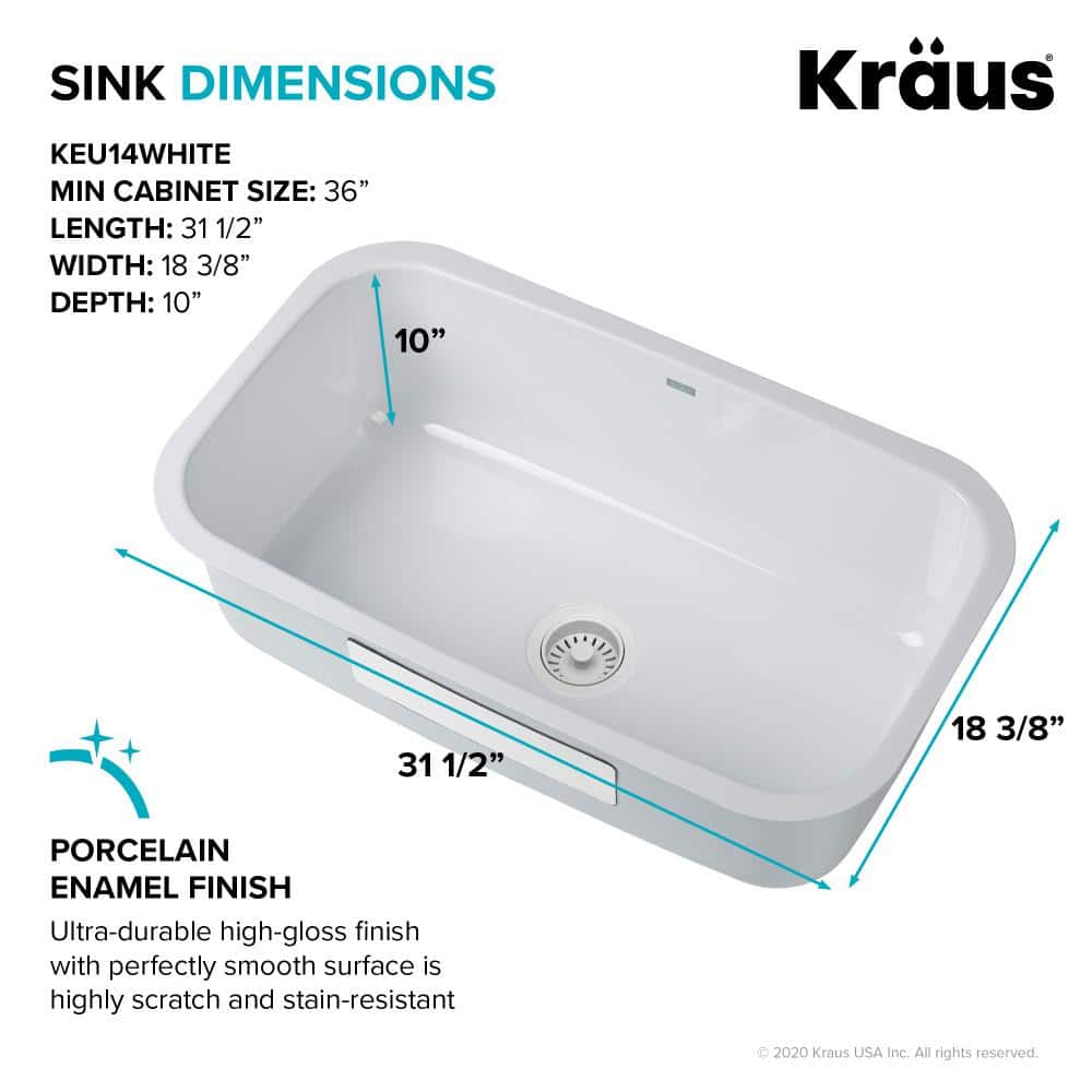 White 31 1/2-inch Undermount Stainless Steel Single Bowl Kitchen Sink