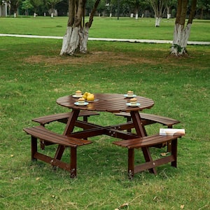 Outdoor Patio 8 Person Wooden Brown Round Picnic Table and Bench Set with Umbrella Holes and 4 Built-in Benches