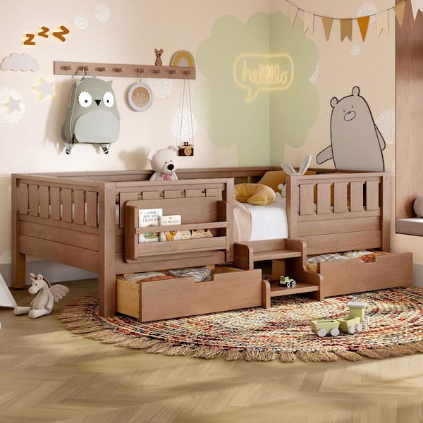 Natural Twin Size Kids Bed with Built-In Bookshelves and Storage Drawers