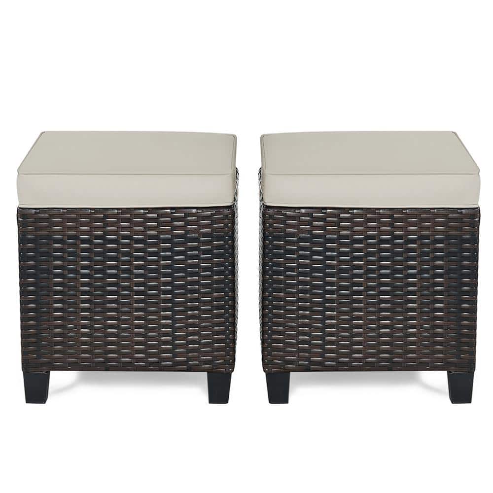 Mix Brown Frame Wicker Outdoor Ottomans with Beige Cushions (2-Pack)