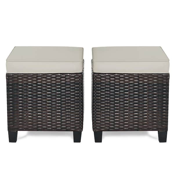 Unbranded Mix Brown Frame Wicker Outdoor Ottomans with Beige Cushions (2-Pack)