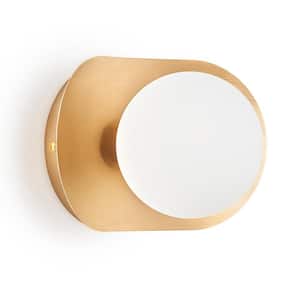 1-Light Gold Modern Wall Sconce with Opaline Glass Globe Shade and Curved Plate