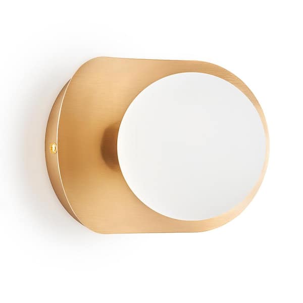 Merra 1-Light Gold Modern Wall Sconce with Opaline Glass Globe Shade and Curved Plate
