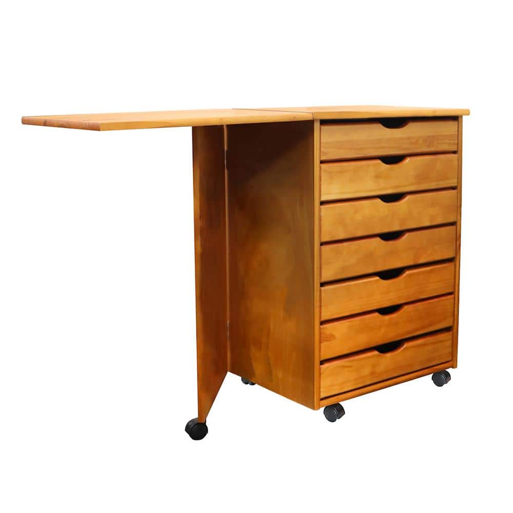 Medium Pine Solid Wood 7-Drawer Rolling Craft Desk