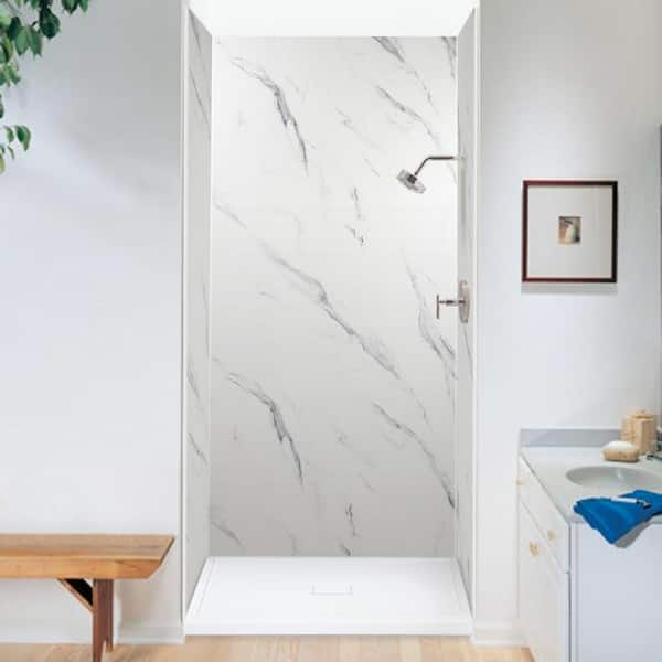Linear 34 in. L x 48 in. W Single Threshold Alcove Shower Pan Base with a Center Drain in White