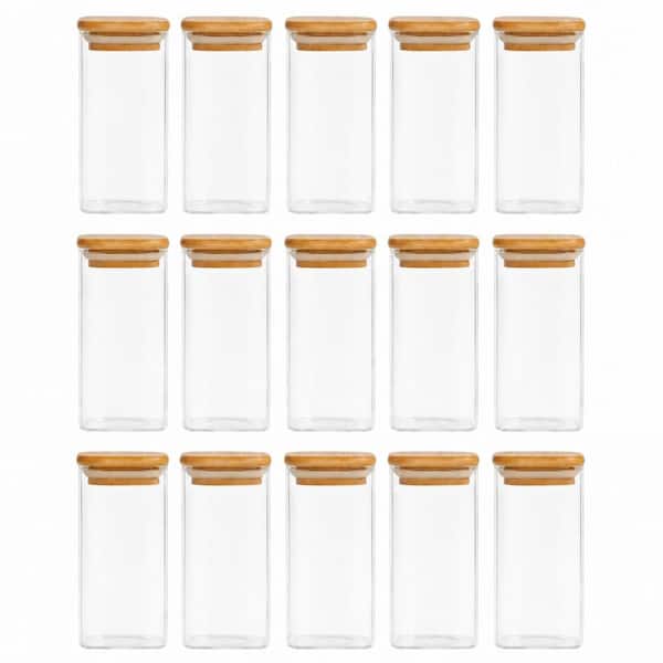 16 Piece Glass Spice Canister Set with Bamboo Lids and Black Labels Square 10 oz Kitchen Storage Jars