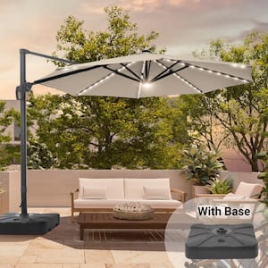 11 ft. Round Solar LED Aluminum 360-Degree Rotation Cantilever Offset Outdoor Patio Umbrella with a Base in Sand