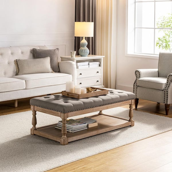 Jakob Grey Upholstered Storage Ottoman with Solid Wood Legs