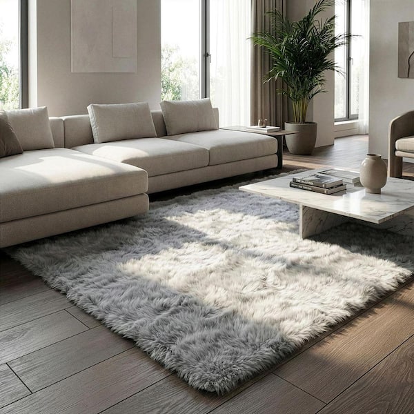 Auriel Grey 5 ft. x 8 ft. Faux Sheepskin Fur Rectangular Area Rug