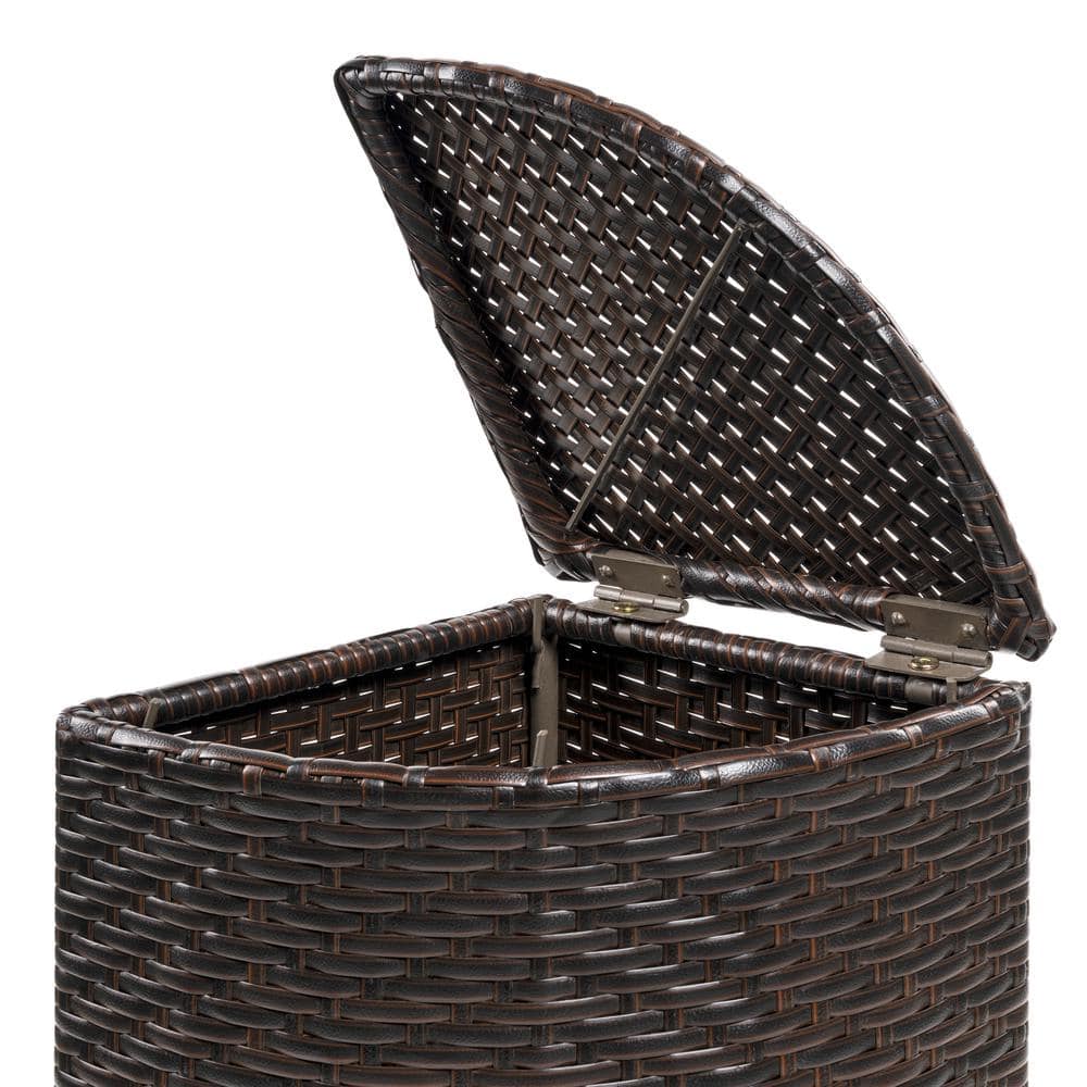 Brown Faux Wicker Corner Outdoor Trash Can with Lid