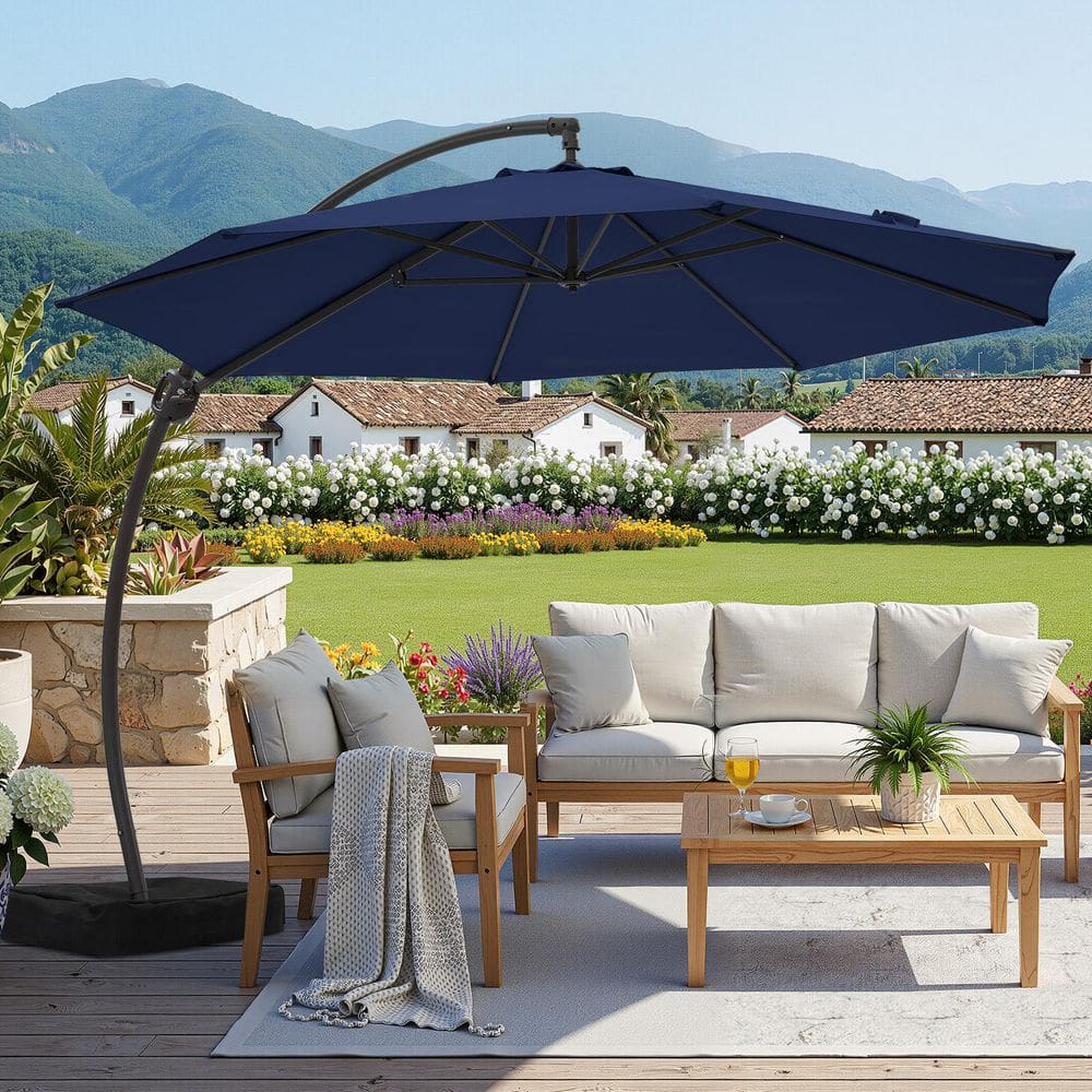 canvas miramar offset patio umbrella Tilt | Auto-Tilt, Wind Resistant, Woodgrain Finish | Commercial Grade | Sunbrella Haze This elegant and durable Cantilever Umbrella sets the industry standards for fashion and design 10 ft Offset Square Suspension