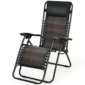 Folding Rattan Zero Gravity Outdoor Lounge Patio Chair Recliner in Brown with Removable Head Pillow