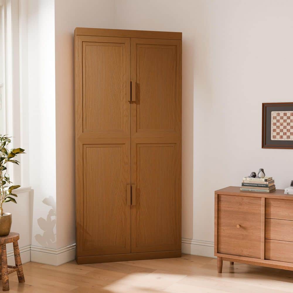 Solid Wood Light Brown 67 in. H Corner Cabinet Storage Cabinet with Adjustable Shelves