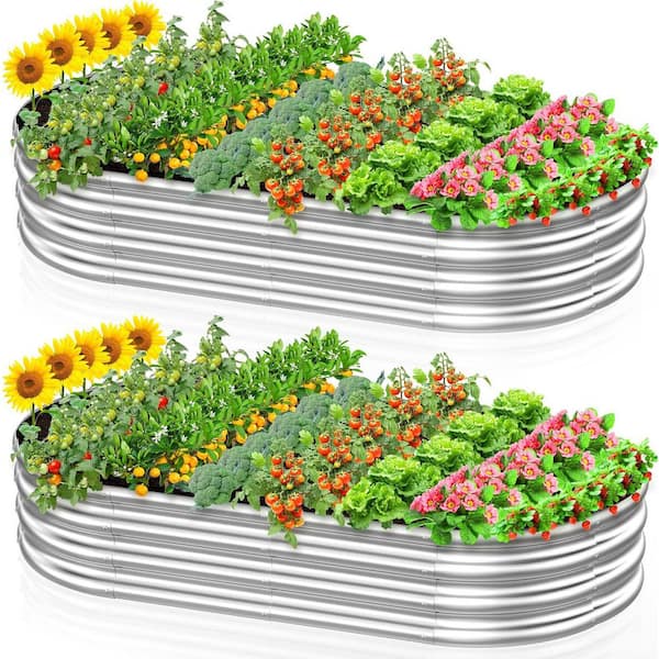 (2-Pack) 4 x 2 x 1 ft. Galvanized Steel Oval Raised Garden Bed Planter Box-Outdoor Garden Planter for Vegetables/Flowers