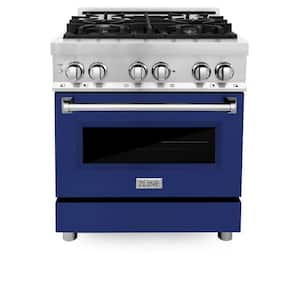 30 in. 4 Burner Dual Fuel Range with Blue Gloss Door in Stainless Steel