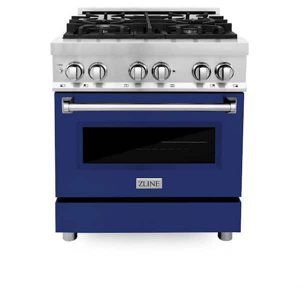 30 in. 4 Burner Dual Fuel Range with Blue Gloss Door in Stainless Steel