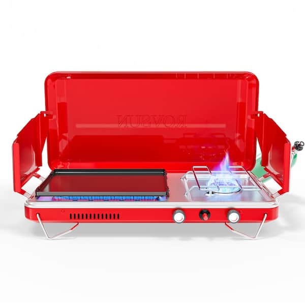 ROVSUN 2-in-1 Portable Camping Stove and Propane Grill with Enamel Griddle, Piezo Igniter, Wind Panel and Regulator, Red