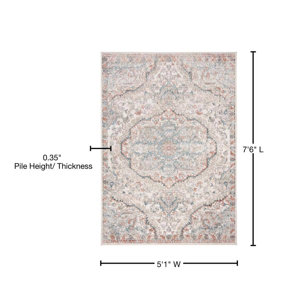 Vintage Elegance Oregon Floral Blue & Beige Synthetic Area Rug - 5'1" x 7'6"