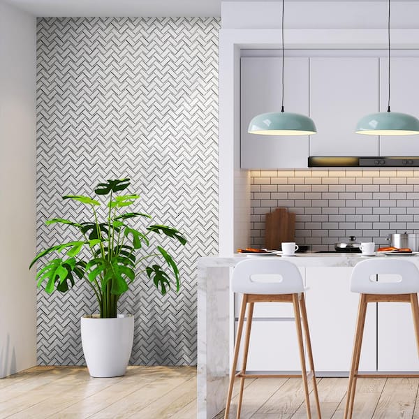 Take Home Tile Sample - Bayou White 4.5 in. x 4.5 in. Herringbone Mixed Marble Mosaic