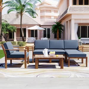 4-Piece Wood Patio Conversation Set with Gray Cushions and Small Table
