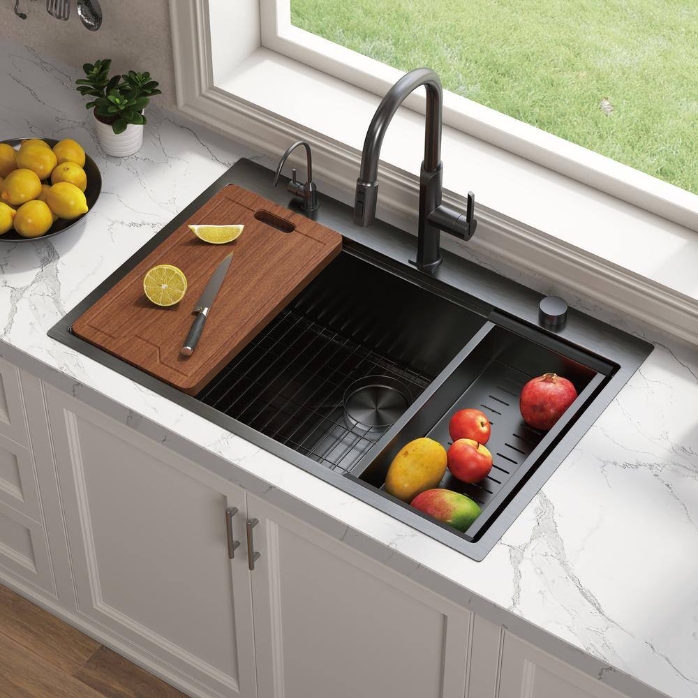 33" Gunmetal Black Stainless Steel Single Bowl Drop-In Workstation Sink